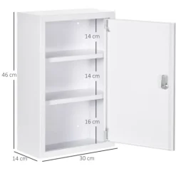 kleankin Medizinschrank, Apothekerschrank mit 3 Schichten, Abschließbarer Arzneischrank, Medikamentenschrank mit 2 Schlüsseln, Wand-Medizinbox, Stahl, Weiß, 30 x 14 x 46 cm