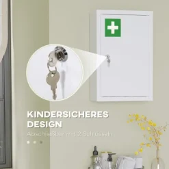 kleankin Medizinschrank, Apothekerschrank mit 3 Schichten, Abschließbarer Arzneischrank, Medikamentenschrank mit 2 Schlüsseln, Wand-Medizinbox, Stahl, Weiß, 30 x 14 x 46 cm