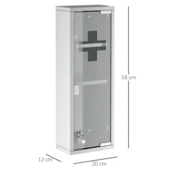kleankin Medizinschrank Arzneischrank Erste-Hilfe-Schrank mit Schloss 3 Fächer Mattglas 430 Edelstahl+gehärtete Glastür Silber 20 x 12 x 58 cm