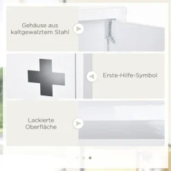 kleankin Medizinschrank, Erste Hilfe Schrank, Apothekerschrank mit 3 Innenfächern, Arzneischrank mit Magnetverschluss, Medikamentenschrank mit Griff, Stahl, Weiß, 30 x 12 x 60 cm