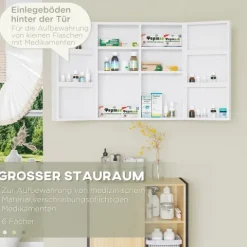 kleankin Medizinschrank, 2-türiger Medikamentenschrank mit 6 Einlegeböden, Apothekerschrank für Wandmontage, Abschließbarer Arzneischrank, Erste Hilfe Schrank, Stahl, Weiß, 55 x 18 x 60 cm