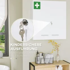 kleankin Medizinschrank, 2-türiger Medikamentenschrank mit 6 Einlegeböden, Apothekerschrank für Wandmontage, Abschließbarer Arzneischrank, Erste Hilfe Schrank, Stahl, Weiß, 55 x 18 x 60 cm