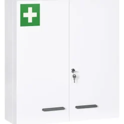 kleankin Medizinschrank, 2-türiger Medikamentenschrank mit 6 Einlegeböden, Apothekerschrank für Wandmontage, Abschließbarer Arzneischrank, Erste Hilfe Schrank, Stahl, Weiß, 55 x 18 x 60 cm
