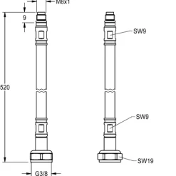 KWC AR Schlauch, F5, G3/8xM8x1, 520mm, DN6, Rückflussverhinderer, gerade, 2030041321