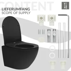 LuxeBath Wand WC Spülrandlos Schwarz matt, Tiefspüler Tornadospülung Keramik Hänge WC kurz 49cm, Toilette ohne Spülrand mit Nano Beschichtung, Kloschüssel Hängend mit WC-Sitz Absenkautomatik abnehmbar