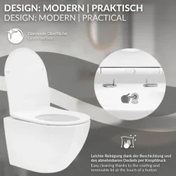 LuxeBath Wand WC Spülrandlos, Weiß, Tiefspüler Keramik Hänge WC, kurz 49 cm, Toilette ohne Spülrand, Softclose-Klodeckel, Tornadospülung, Glänzende Kloschüssel Hängend mit WC-Sitz Absenkautomatik