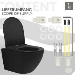 LuxeBath Wand WC Spülrandlos, Schwarz matt, Tiefspüler Keramik Hänge WC lang 54 cm, Toilette ohne Spülrand mit Nano Beschichtung, Tornadospülung, Kloschüssel Hängend mit WC-Sitz Absenkautomatik