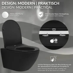 LuxeBath Wand WC Spülrandlos, Schwarz matt, Tiefspüler Keramik Hänge WC lang 54 cm, Toilette ohne Spülrand mit Nano Beschichtung, Tornadospülung, Kloschüssel Hängend mit WC-Sitz Absenkautomatik