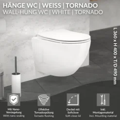 LuxeBath Wand WC Spülrandlos, Weiß, Tiefspüler Keramik Hänge WC, kurz 49 cm, Toilette ohne Spülrand mit Nano Beschichtung, Tornadospülung, Glänzende Kloschüssel Hängend mit WC-Sitz Absenkautomatik