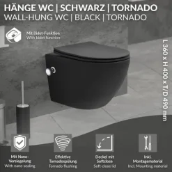 LuxeBath Wand WC Spülrandlos mit Bidet-Funktion Schwarz matt kurz 49cm, Tiefspüler Tornadospülung Keramik Hänge WC Dusch WC mit Nano Beschichtung, Kloschüssel Hängend WC-Sitz Absenkautomatik abnehmbar