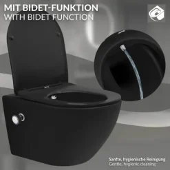 LuxeBath Wand WC Spülrandlos mit Bidet-Funktion, Schwarz matt, Tiefspüler Keramik Hänge WC, lang 54cm, Dusch WC Softclose-Klodeckel Tornadospülung, Kloschüssel Hängend mit WC-Sitz Absenkautomatik