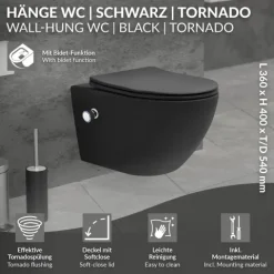 LuxeBath Wand WC Spülrandlos mit Bidet-Funktion, Schwarz matt, Tiefspüler Keramik Hänge WC, lang 54cm, Dusch WC Softclose-Klodeckel Tornadospülung, Kloschüssel Hängend mit WC-Sitz Absenkautomatik