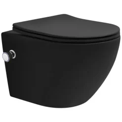 LuxeBath Wand WC Spülrandlos mit Bidet-Funktion, Schwarz matt, Tiefspüler Tornadospülung Keramik Hänge WC kurz 49cm, Dusch WC Softclose-Klodeckel abnehmbar, Kloschüssel Hängend WC-Sitz Absenkautomatik