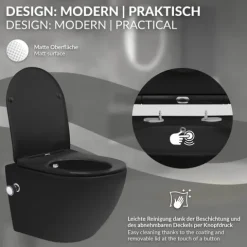 LuxeBath Wand WC Spülrandlos mit Bidet-Funktion, Schwarz matt, Tiefspüler Tornadospülung Keramik Hänge WC kurz 49cm, Dusch WC Softclose-Klodeckel abnehmbar, Kloschüssel Hängend WC-Sitz Absenkautomatik