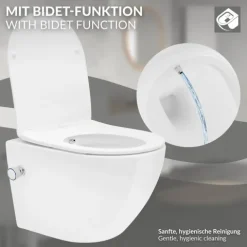 LuxeBath Wand WC Spülrandlos mit Bidet-Funktion, Weiß, Tiefspüler Keramik Hänge WC, kurz 49cm, Dusch WC mit Nano Beschichtung, Tornadospülung, Glänzende Kloschüssel Hängend mit WC-Sitz Absenkautomatik