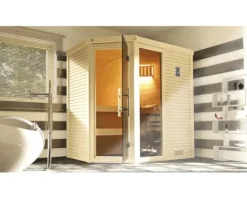 Massivholzsauna Weka Cubilis 1 Eck GTF inkl. 7,5 kW Ofen u.digitaler Steuerung mit Fenster und graphitfarbeneer Ganzglastüre