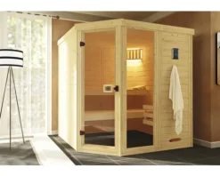 Massivholzsauna Weka Laukala Gr.3 inkl. 7,5 kW Ofen u.digitaler Steuerung mit Fenster und Ganzglastüre aus Klarglas