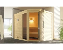 Massivholzsauna Weka Cubilis 3 Eck GTFO inkl. 7,5 kW Ofen u.digitaler Steuerung mit Fenster und graphitfarbeneer Ganzglastüre