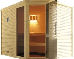 Massivholzsauna Weka Cubilis 3 Eck GTFO inkl. 7,5 kW Ofen u.digitaler Steuerung mit Fenster und graphitfarbeneer Ganzglastüre