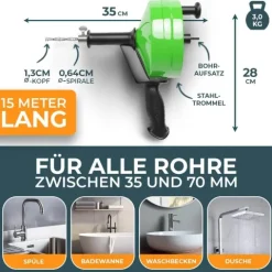 MEISTERFAKTUR Rohrreinigungsspirale [15M] - mit Bohraufsatz - Ideale Abflussspirale für eine Rohrreinigung - Die stabile Rohrspirale für echte Heimwerker! (15M - 0,64CM)