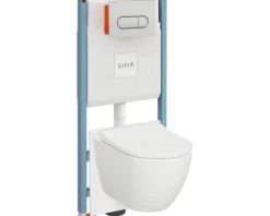 VitrA Wand-WC Set Mia Tiefspüler ohne Spülrand weiß glänzend mit antibakterieller VitrA Hygiene Glasur, WC-Sitz, Vorwandelement und Betätigungsplatte chrom 800-2021
