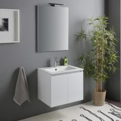 Waschtisch-Unterschrank 60 cm mit Waschbecken und Spiegel mit Lampe | Benaco
